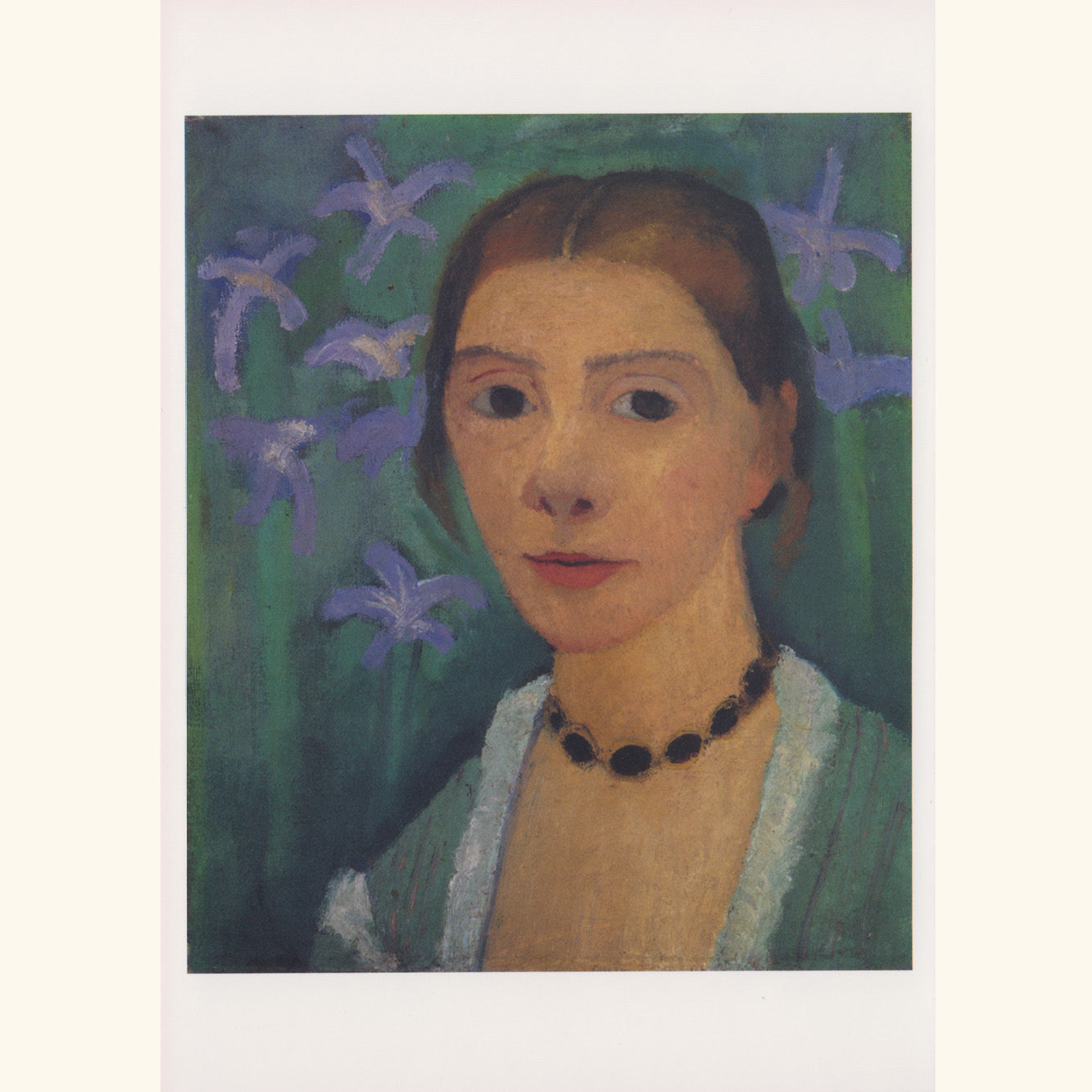 Paula Modersohn-Becker - Selbstbildnis vor grünem Hintergrund mit blauer Iris - Postkarte 697